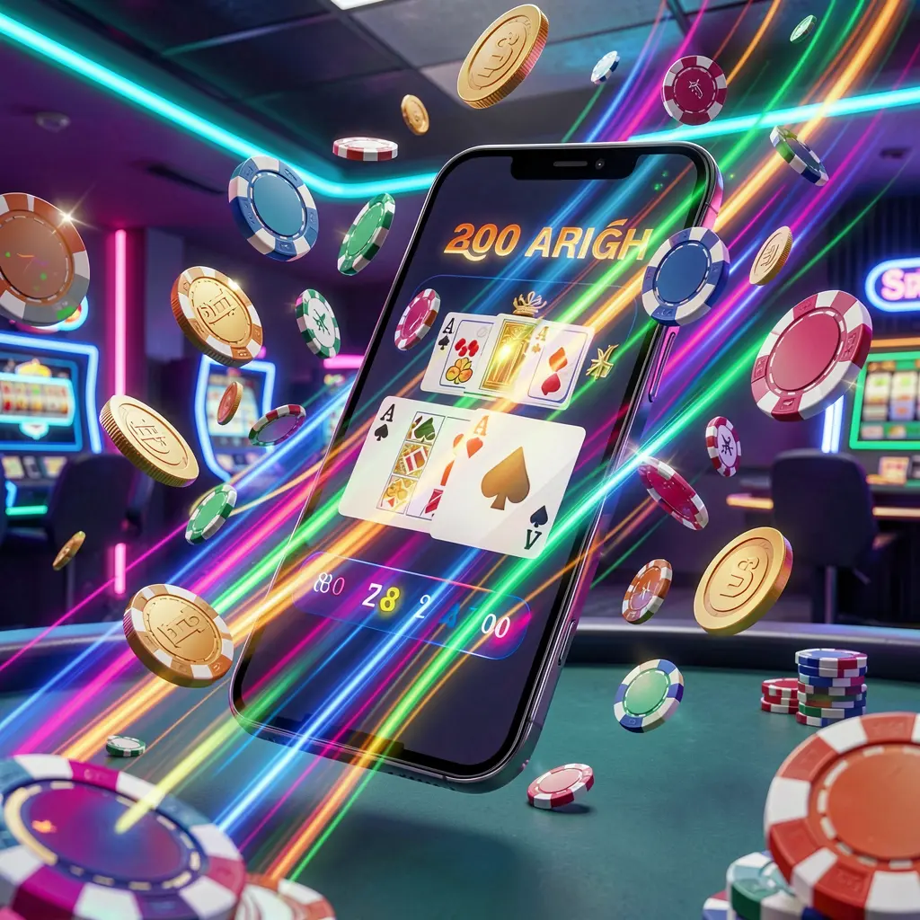 XXKING fast casino app access visual showing a smartphone with speed light trails, coins and chips flying around against a modern neon casino background in a dynamic 3D render