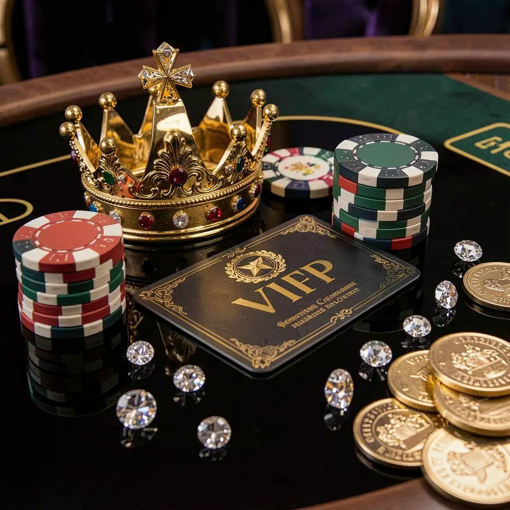 XXKING VIP casino bonus concept featuring a golden crown, luxury membership card, poker chips, diamonds, and coins arranged on a glossy black table in an elegant premium style