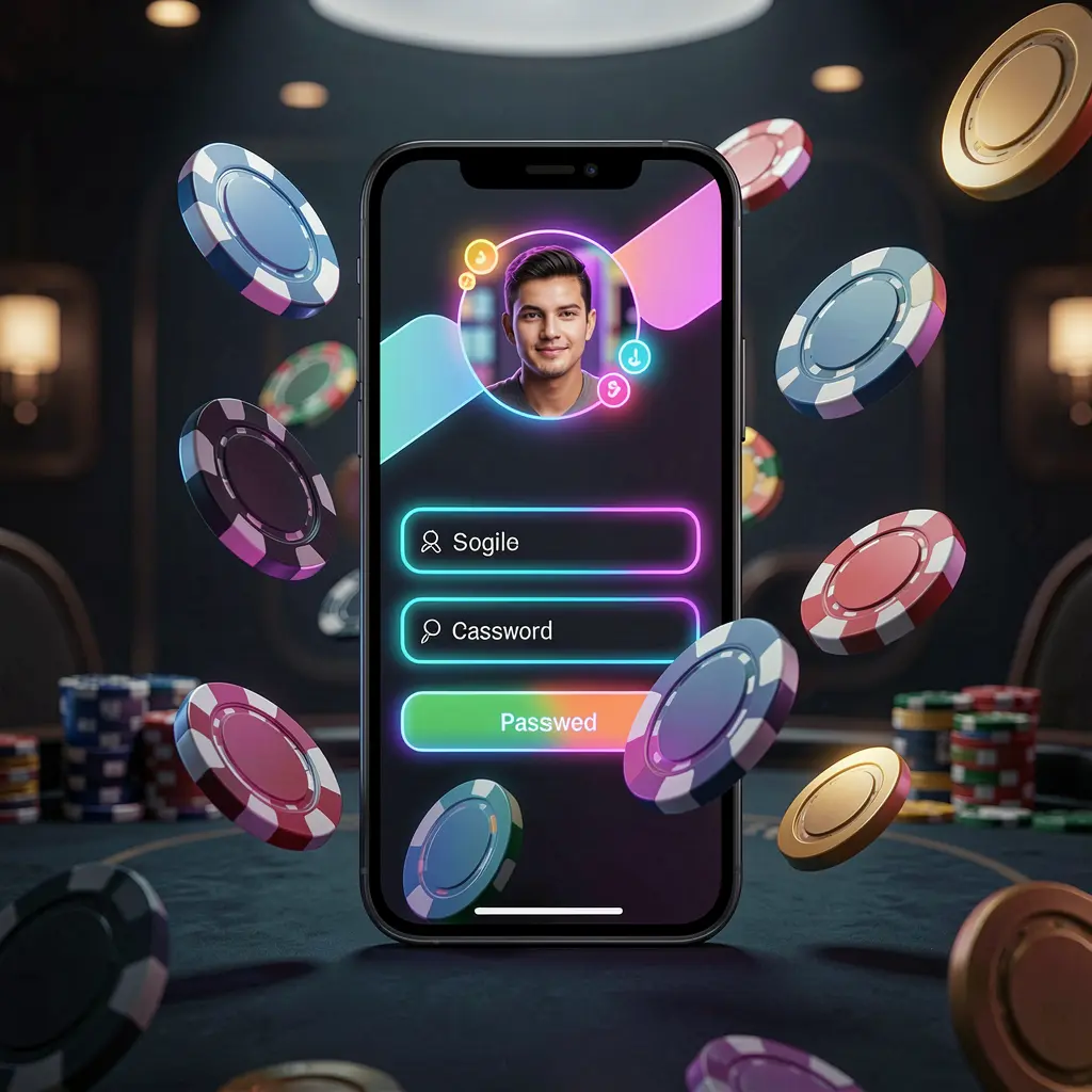 XXKING mobile casino login screen on a phone with abstract UI shapes for user profile and password fields, neon glow effects, chips and coins flying around in a dark premium casino atmosphere