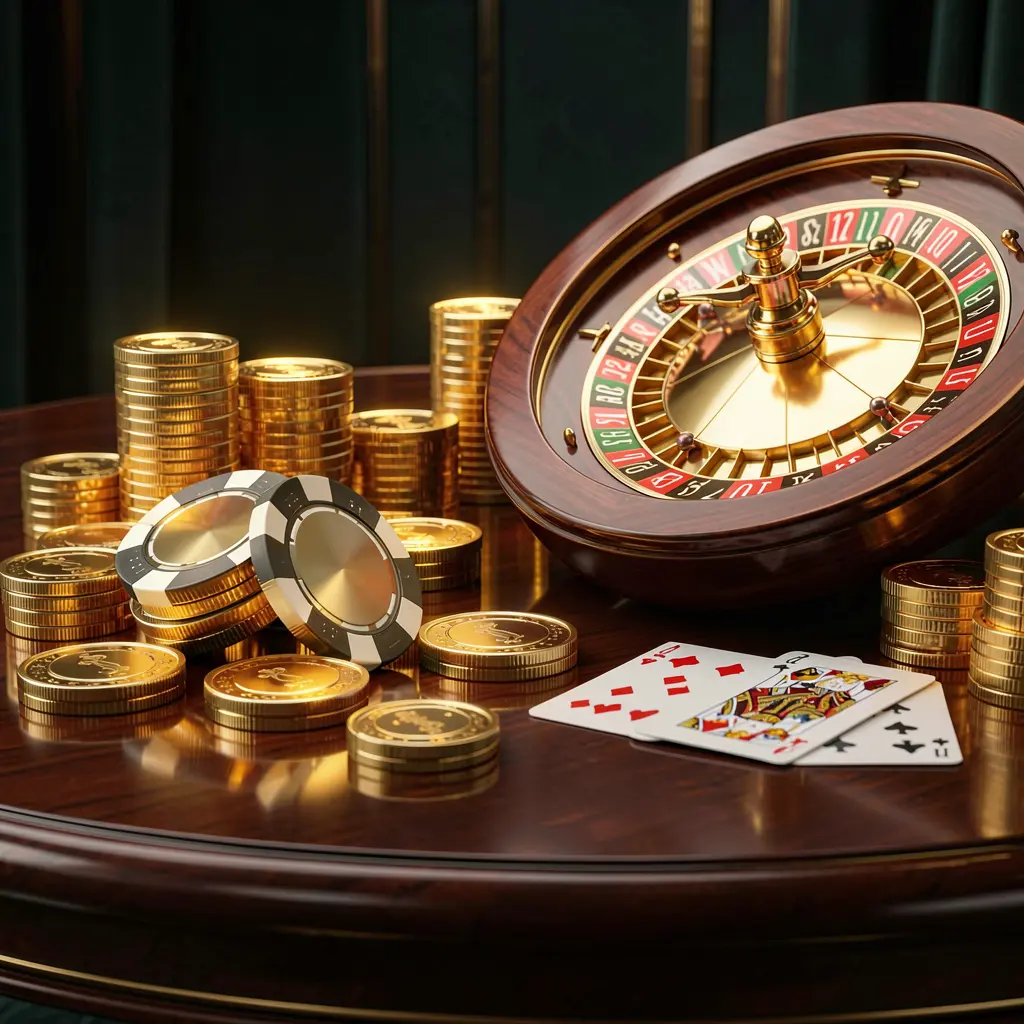 XXKING premium online casino banner featuring golden coins, glowing chips, a roulette wheel, and playing cards on a glossy table with an elegant dark background in a high detail realistic 3D render